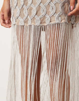 Arrange Lattice Grid Mini Dress With Fringe Hem In Silver
