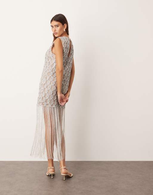 ARRANGE lattice grid mini dress with fringe hem in metallic, 3 of 4