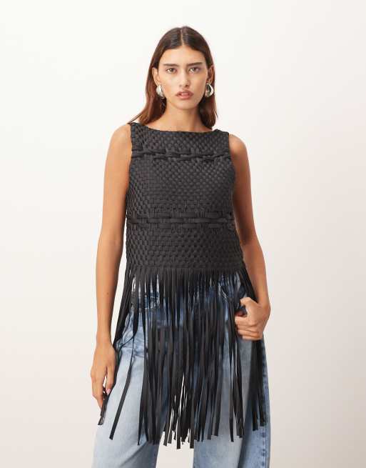 ARRANGE lattice hand-woven top with fringe hem in black
