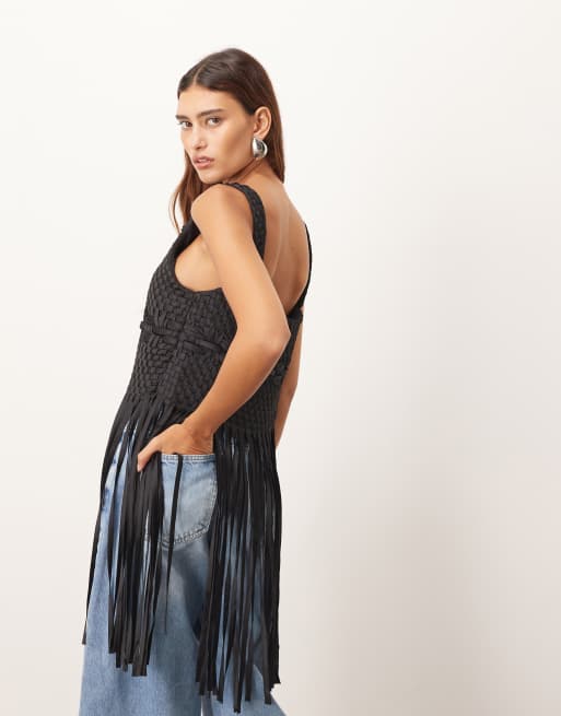 ARRANGE lattice hand-woven top with fringe hem in black