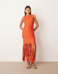 [ARRANGE] ARRANGE lattice handwoven fringe hem midi dress in orange-Red 12 RED
