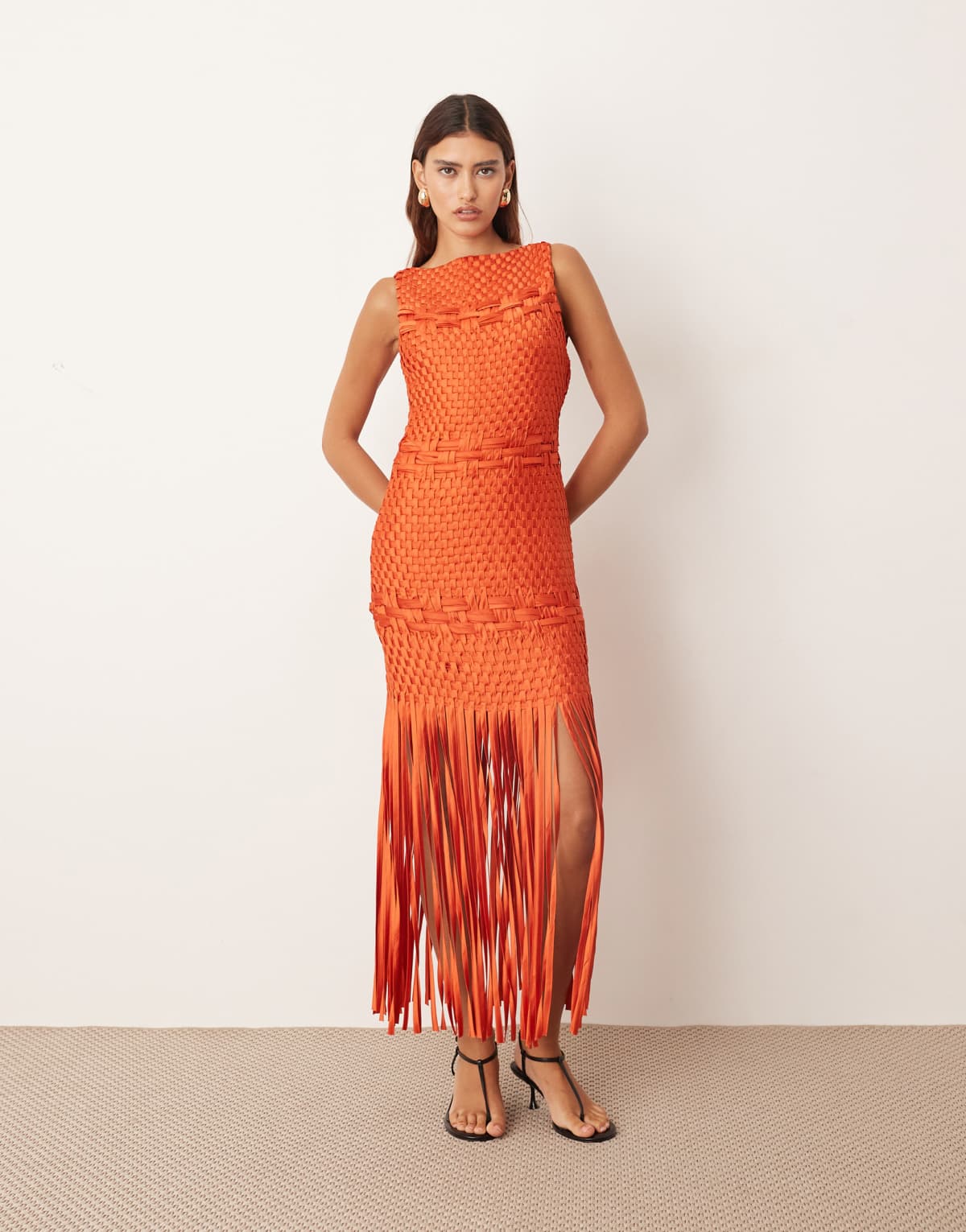 ARRANGE lattice handwoven fringe hem midi dress in orange
