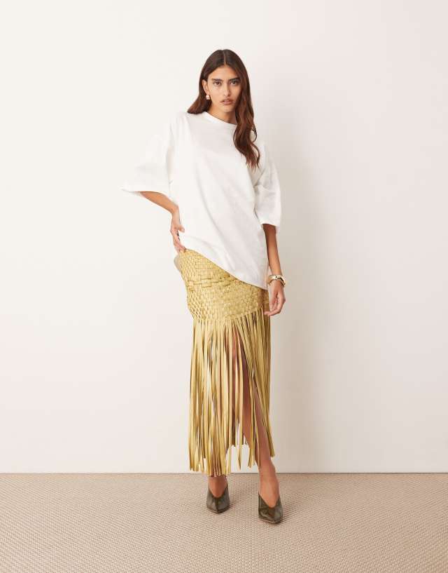 ARRANGE lattice handwoven fringe hem midi skirt in olive | ASOS