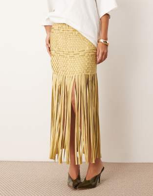 ARRANGE lattice handwoven fringe hem midi skirt in olive | ASOS