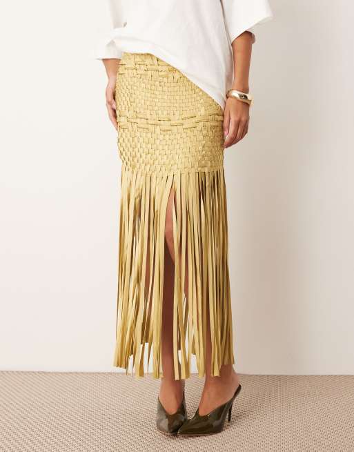 ARRANGE lattice handwoven fringe hem midi skirt in olive