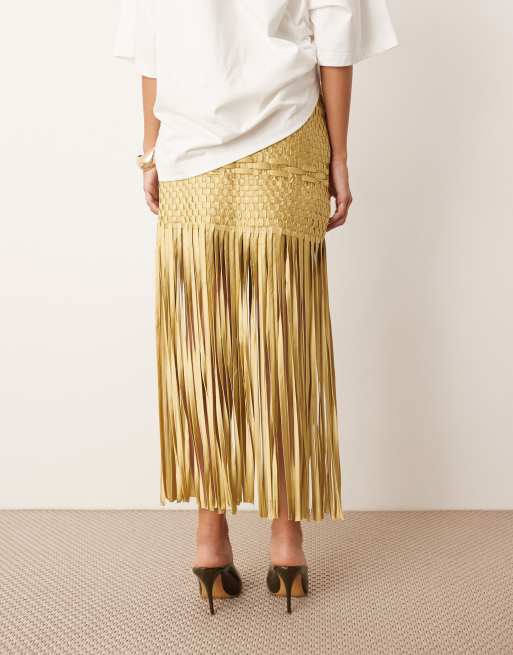 ARRANGE lattice handwoven fringe hem midi skirt in olive