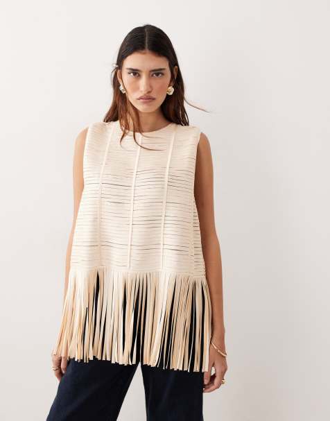 ARRANGE lattice handwoven fringe hem t-shirt in light gold - view 1