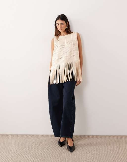ARRANGE lattice handwoven fringe hem t-shirt in light gold, 2 of 4
