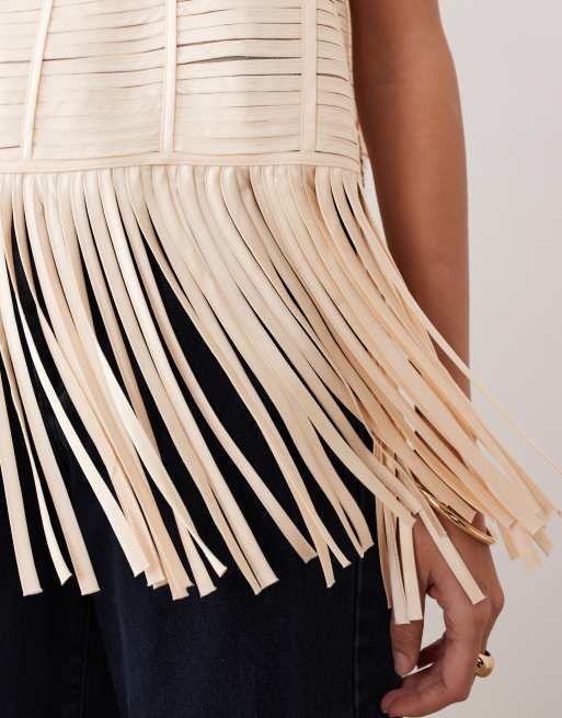 ARRANGE lattice handwoven fringe hem t-shirt in light gold, 3 of 4