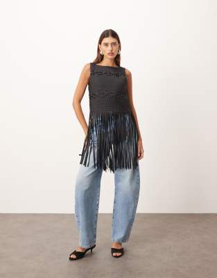 ARRANGE ARRANGE lattice handwoven top with fringe hem in black