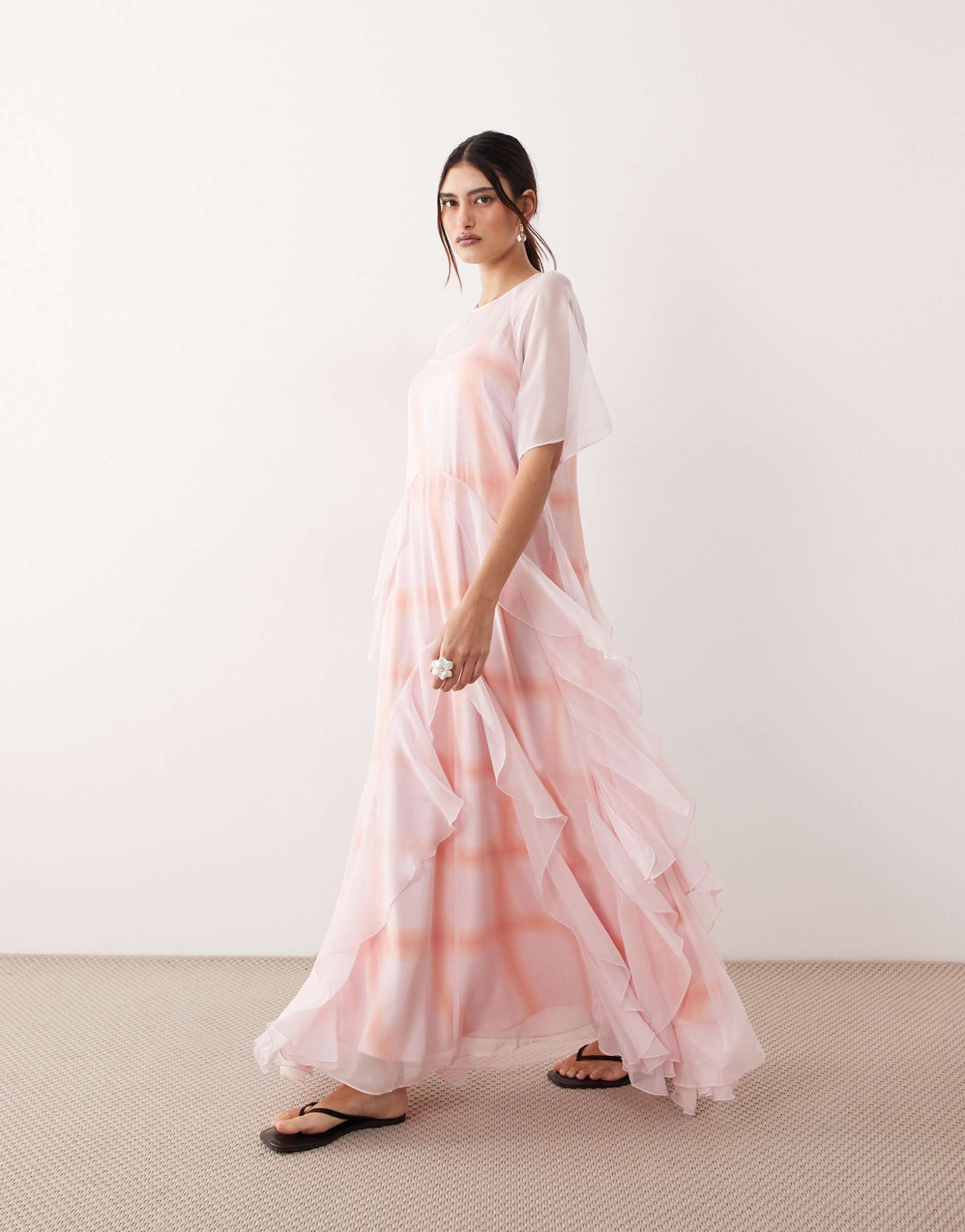 arrange layered ruffle down tiered maxi dress in light pink