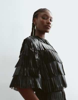 Arrange Leather Asymmetric Fringe Top In Black