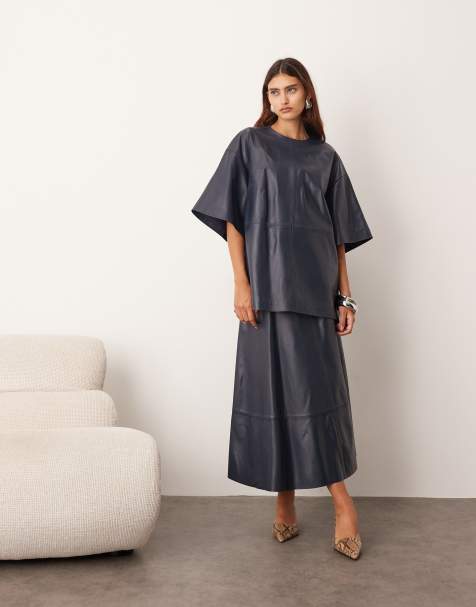 ARRANGE leather boxy t-shirt and full circle skirt set in navy - view 1
