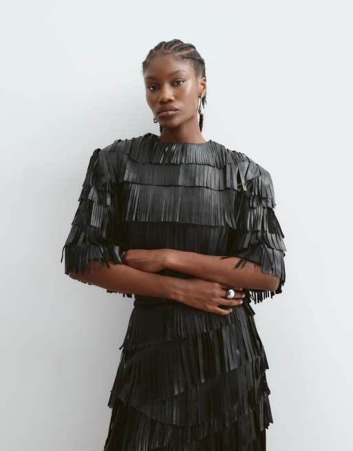 ARRANGE leather fringe top in black, 5 of 5
