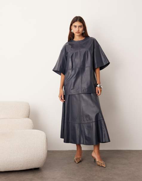 ARRANGE leather full circle skirt in navy - part of a set - view 1