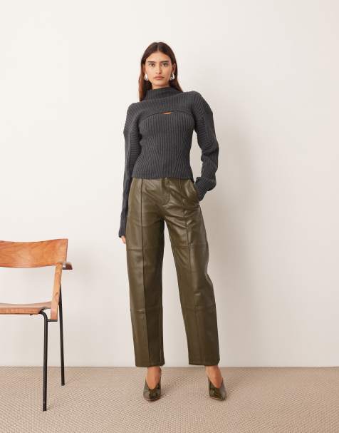 ARRANGE leather slim trouser in olive green