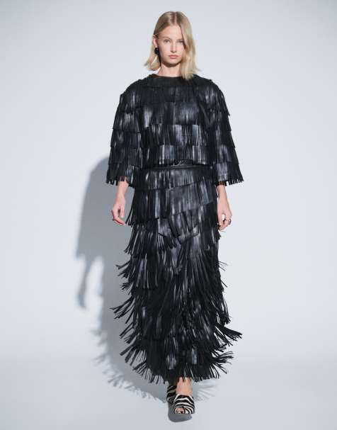 ARRANGE Leder-Midirock mit asymmetrischem Fransenbesatz in Schwarz - view 1