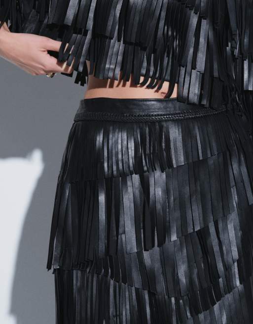 ARRANGE Leder-Midirock mit asymmetrischem Fransenbesatz in Schwarz, 2 von 5