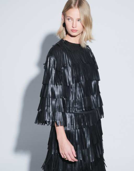 ARRANGE Leder-Top mit asymmetrischem Fransenbesatz in Schwarz, 2 von 4