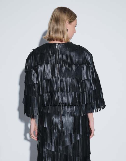 ARRANGE Leder-Top mit asymmetrischem Fransenbesatz in Schwarz, 3 von 4