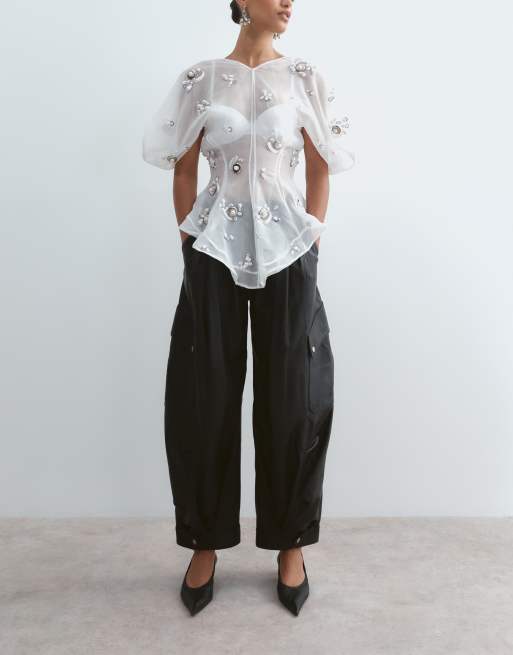 ARRANGE Leni pantalon cargo premium en cuir à jambe barrel noir, 3 de 5
