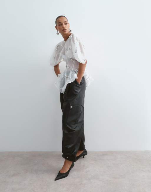 ARRANGE Leni premium leather barrel leg cargo pants in black, 5 of 5