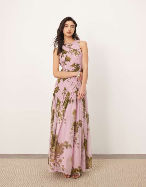 ARRANGE chiffon ruched panel dropped waist volume maxi dress in chartreuse lilac print - MULTI