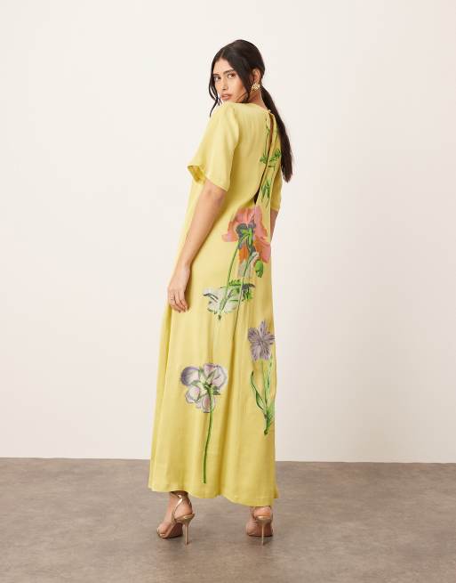 ARRANGE - Limegrøn T-shirt-kjole i satin i maxilængde med blomsterbroderi, 4 af 4