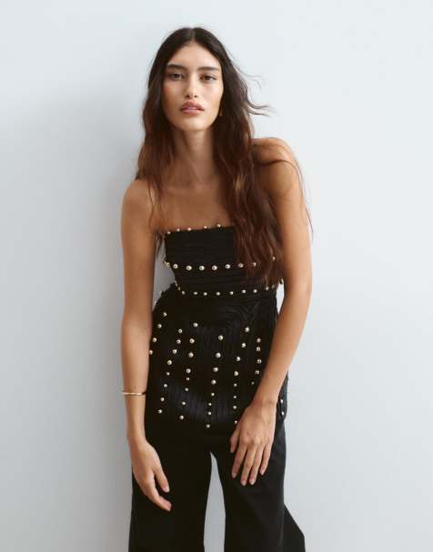 ARRANGE linear beaded structured bandeau top in black - view 1