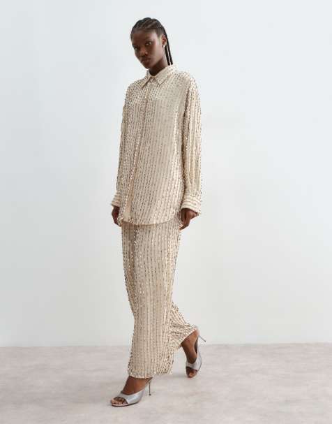 ARRANGE linear embellished oversized shirt and straight leg trousers co-ord in silver - view 1