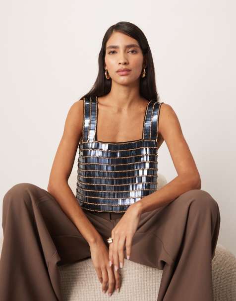 ARRANGE linear embellished square neck loose fit top in gunmetal - view 1