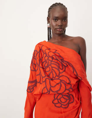 Arrange Linear Embroidered Floral Slouchy Shoulder Drape Midi Dress In Red