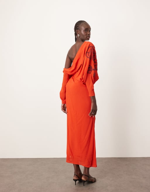 ARRANGE linear embroidered floral slouchy shoulder drape midi dress in red, 3 of 4