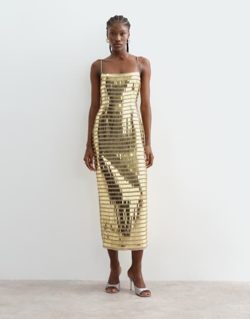 ARRANGE linear encrusted column cami maxi dress in gold, 2 of 5