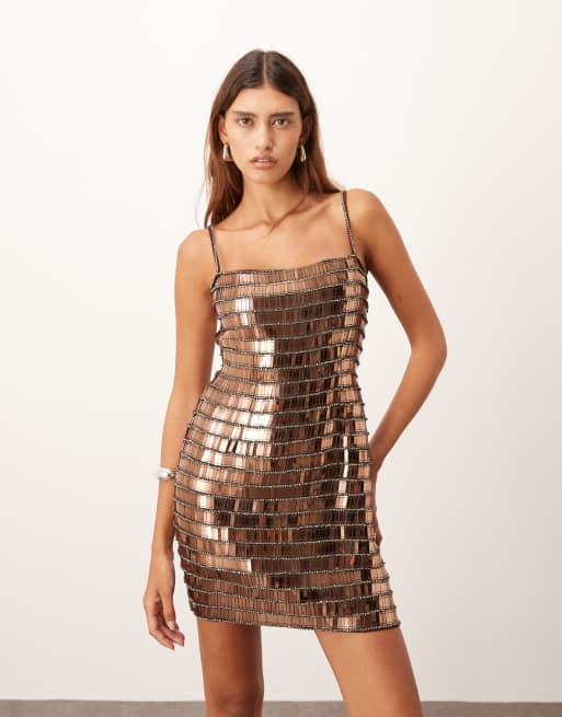 ARRANGE linear encrusted fitted cami mini dress in chocolate