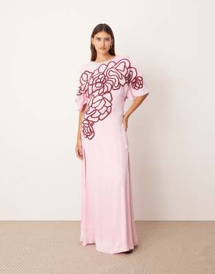 Arrange Linear Floral Embroidered Low Back Modern Maxi Day Dress In Pink