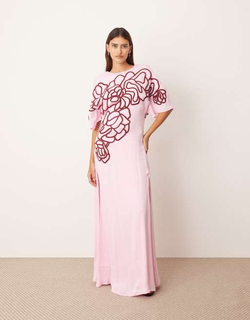 ARRANGE linear floral embroidered low back modern maxi day dress in pink and red