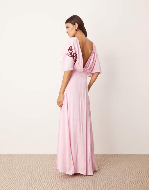 ARRANGE linear floral embroidered low back modern maxi day dress in pink and red
