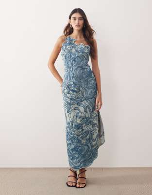 ARRANGE linear floral embroidered one shoulder column maxi dress in blue