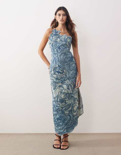 ARRANGE linear floral embroidered one shoulder column maxi dress in blue  - view 1