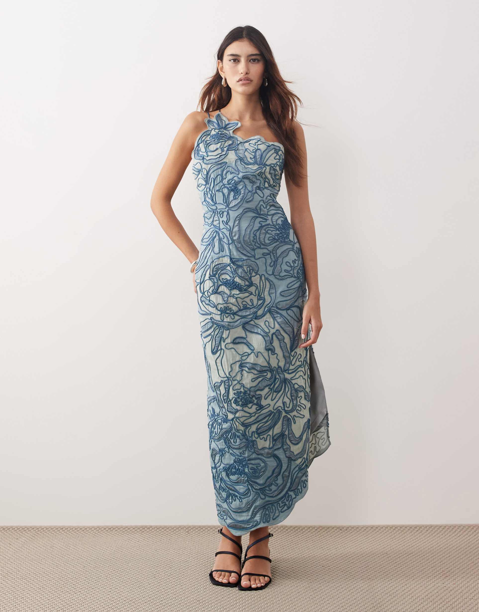 arrange linear floral embroidered one shoulder column maxi dress in blue