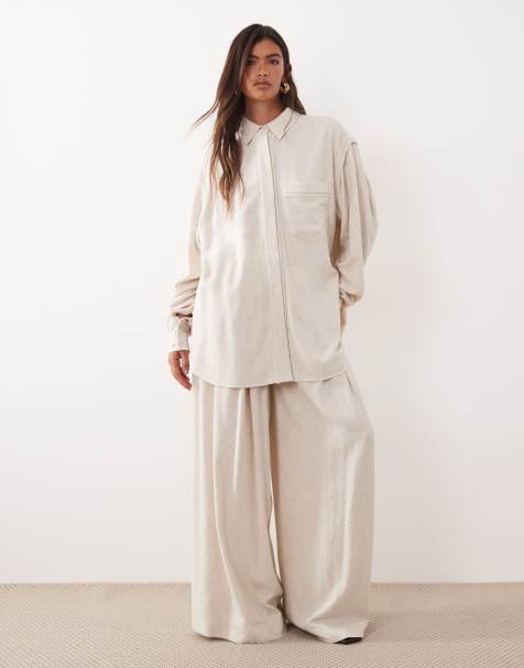 ARRANGE linen oversized cargo pocket shirt and straight leg pants set in white - view 1