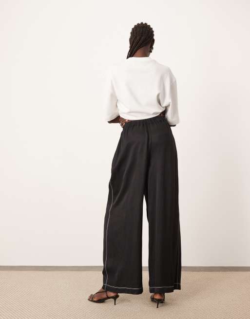 #fr2 Contrast stitch Wide Pants 黒 XL Reiss Contrast Stitch Wide Leg Trousers in Black - REISS