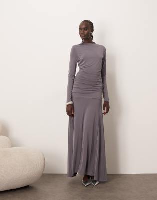 ARRANGE ARRANGE long sleeve drape maxi dress in charcoal-Grey