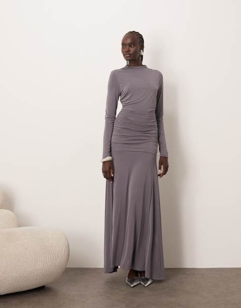 ARRANGE long sleeve drape maxi dress in charcoal