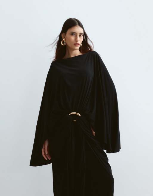ARRANGE long sleeve drape maxi dress with gold hardware trim detail in black, 2 of 4