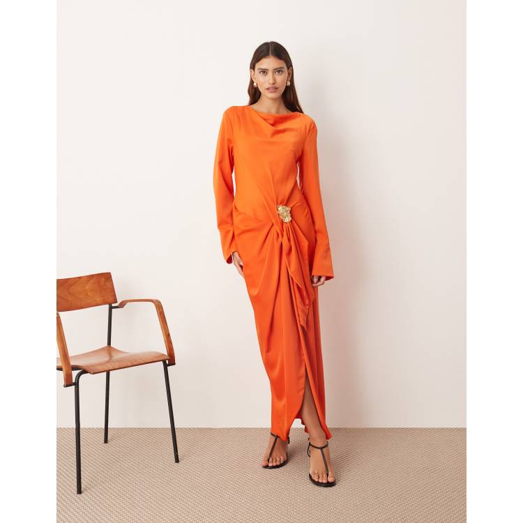 orange long sleeve homecoming dress ARRANGE drape maxi with molten metal trim in 26W) and in custom
