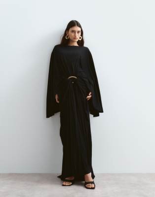 Arrange Long Sleeve Draped Maxi Dress With Gold-tone Hardware Trim Detail In Black