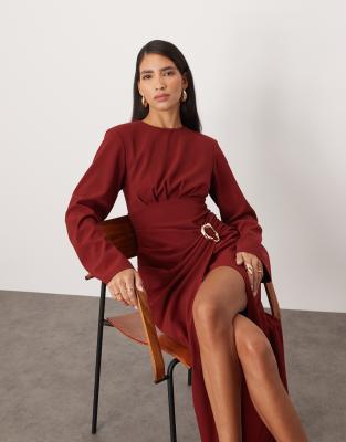 ARRANGE ARRANGE long sleeve draped satin maxi dress with gold hardware in merlot-Red