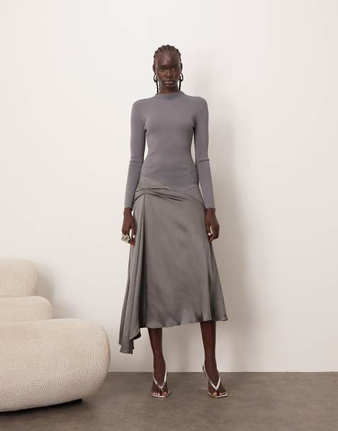 ARRANGE long sleeve hybrid knit midi dress in grey - view 1